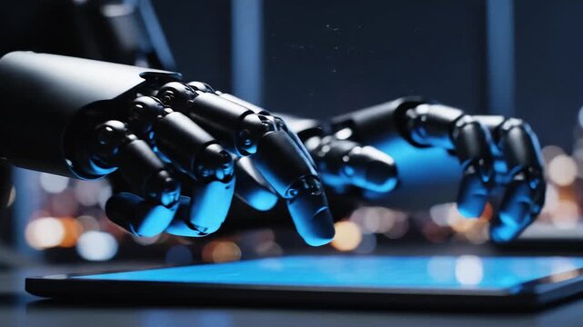 Robotic hands illuminated only by tablet glow, blue reflections on black titanium