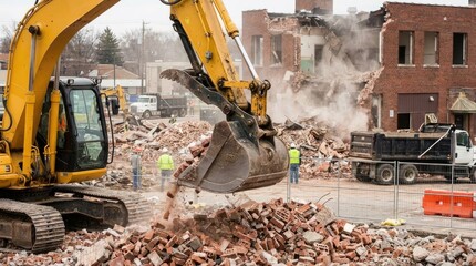 Fototapeta premium Excavator bucket lifting bricks in demolition process concept. Excavator demolishing a building, creating a construction site.