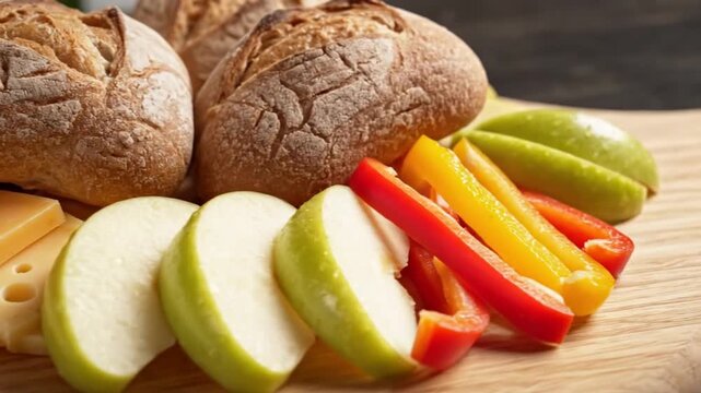 Close-up of bread, cheese, sliced apples, and colorful bell peppers on a wooden board