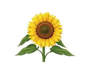 Obraz premium Bright yellow sunflower with green leaves stands tall against a dark background, symbolizing summer and happiness