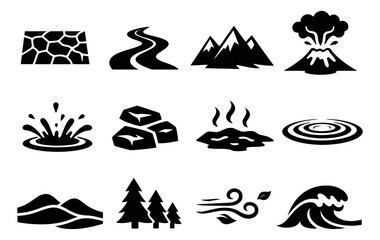 Fototapeta premium Simple silhouette nature elements set featuring mountains, volcano, water, wind, trees, rocks, and earth for environmental concepts