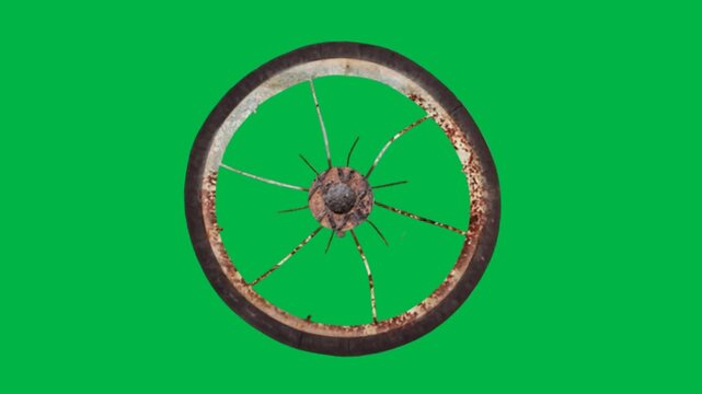 A rusty old wagon wheel isolated in 2d animated cartoon animation on green screen chromakey background, great for western, farm, rustic, or historical countryside scenes.