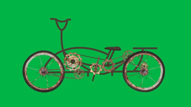 A classic old-fashioned bicycle with large front wheel in 2d animated cartoon animation on green screen chromakey background, ideal for retro, history, or vintage transport visuals.