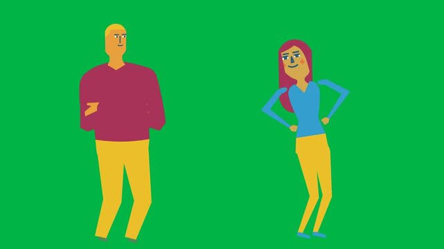A middle-aged couple standing side by side in 2d animated cartoon animation on green screen chromakey background, ideal for partnership, marriage, or family adult themes.