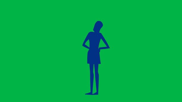 Single blue silhouette person standing with arms akimbo in 2d animated cartoon animation on green screen chromakey background, perfect for confidence or waiting pose.