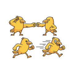 Two cartoon birds holding beaks with running chicks in a teamwork illustration