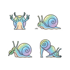 Colorful cartoon snails in different poses on white background with copy space