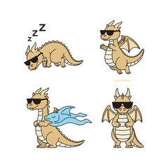 Cool cartoon dragons wearing sunglasses in various poses with copy space