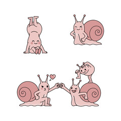 Cute cartoon snails in love holding hands with heart on white background