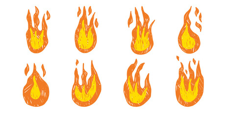 Funky scribble crayon fire illustrations set. Doodle brush flame icons in vibrant colors. Bonfire stickers for collage projects. Vector naive pencil punk rock element no background. © Syuzann q