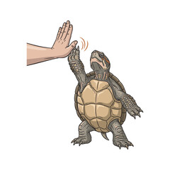 Turtle giving high five to human hand in a friendly gesture with copy space