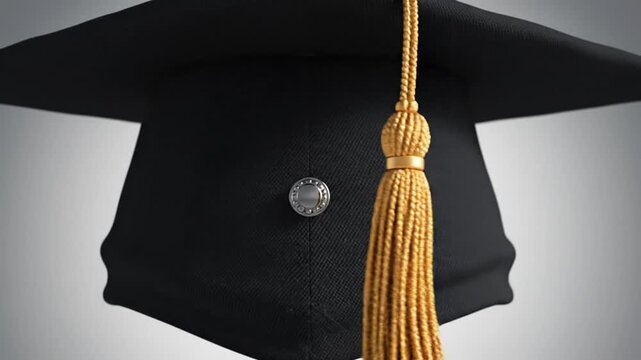 Close-up of a black graduation cap with a golden tassel, showing the texture of the fabric