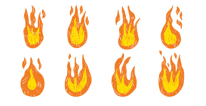 Funky scribble crayon fire illustrations set. Doodle brush flame icons in vibrant colors. Bonfire stickers for collage projects. Vector naive pencil punk rock element no background.