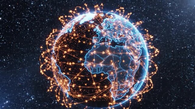 Digital Earth globe with glowing lines representing global communication
