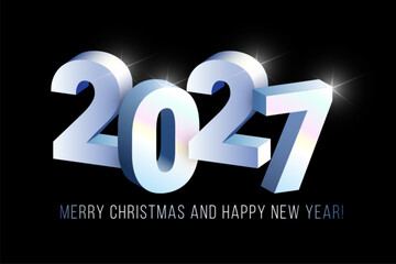 Realistic shiny 3D silver numbers 2027 greeting banner on black background. Vector chrome 2027 Merry Christmas and Happy New Year design element for web, print concept, advert, decoration, design.