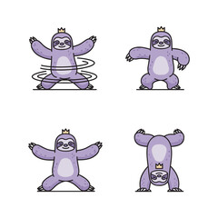 Cartoon sloth doing yoga poses with crown on a white background