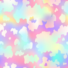Abstract cow rainbow seamless pattern. Vector animal skin print, cute holographic dalmatian spots on foil gradient background. Natural rough spotted texture for textile, decor, wrapping, cover.