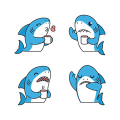Cartoon sharks drinking coffee with different emotions and facial expressions