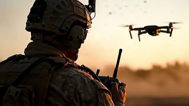 Rear view of a soldier in full military gear operating a drone during a sunset field operation, tactical drone pilot controlling a quadcopter in a dusty battlefield environment.
