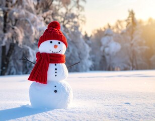 Fototapeta premium Snowman in a snowy forest at sunrise