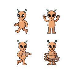 Cartoon Alien Characters Showing Various Emotions and Actions in a Simple Design Style