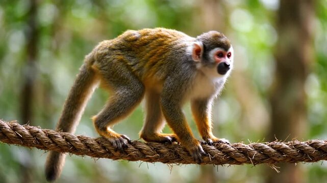 A small monkey with reddish eyes walks along a thick rope, set against a blurred green background