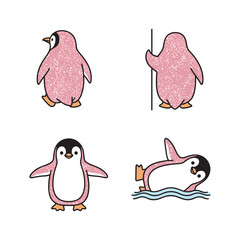 Cute cartoon penguins set with different poses and textures on white background