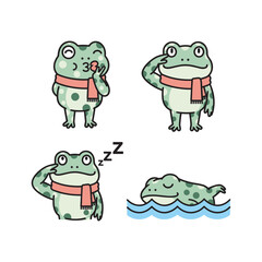Cartoon frog sleeping with scarf in various poses on white background