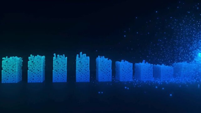 Abstract digital structures gradually breaking down into a cascade of glowing particles, illustrating concepts of data dissolution, technological decay, or dynamic information flow