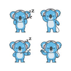 Cartoon koala listening to music with headphones in various poses on white background