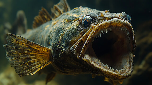 Fangtooth fish swimming with open mouth, ready to bite 