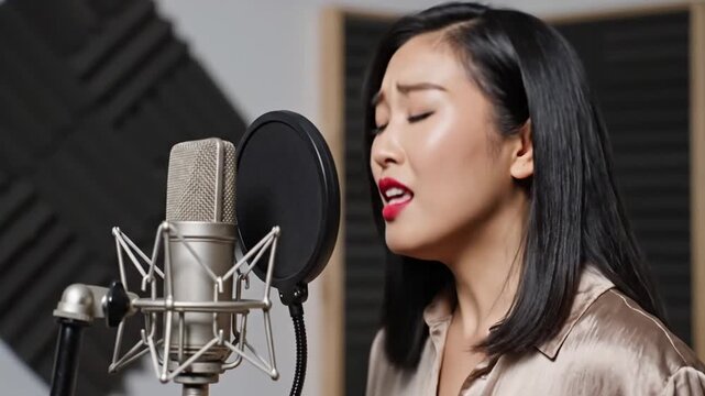 A person, with eyes closed and red lipstick, sings in a studio, facing a microphone