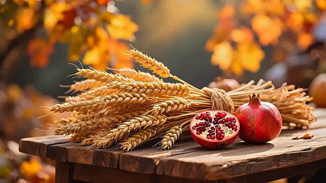 Wheat and pomegranates on wooden table