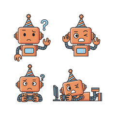 Confused robot character set with different emotions and actions in a cartoon style