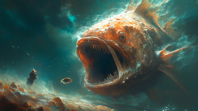 Fangtooth fish biting into a small fish in the abyss 
