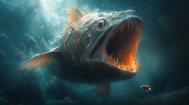 Fangtooth fish biting into a small fish in the abyss 