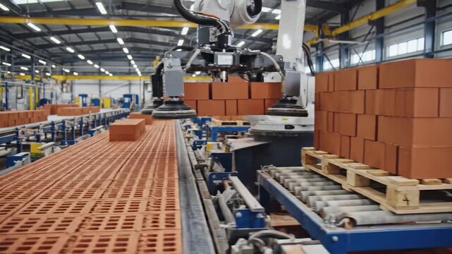 Automated robotic arm efficiently stacks red bricks on pallets in a modern