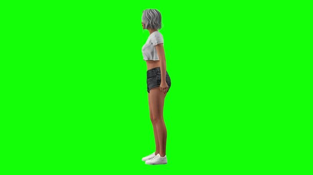 Side view of woman performing fitness stance on green screen chromakey background. Polished 3d animated cartoon animation style ideal for workout visuals, sport templates, exercise demos,