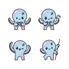 Cute cartoon octopus characters with different emotions and actions