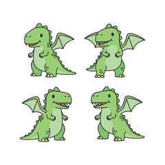 Cartoon dragons set in various poses on white background with copy space