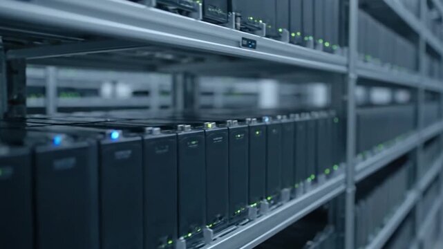 Rows of Black Server Units in Data Center.