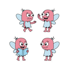 Cartoon pink angel character set with different emotions and actions