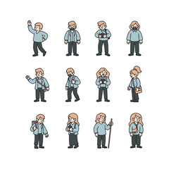 Cartoon man in various poses and activities with camera and backpack