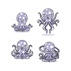 Cartoon octopus set with different facial expressions on white background