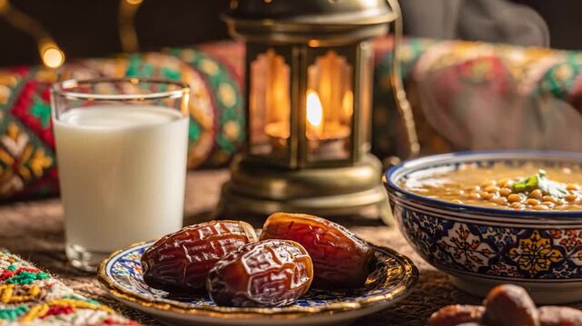 Traditional meal featuring dates, milk, and soup with a glowing lantern.