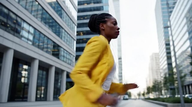 A Black woman in a yellow suit runs through a city surrounded by tall buildings