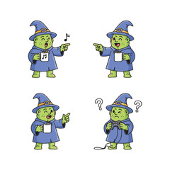 Cartoon wizard singing and confused with music sheet in blue robe