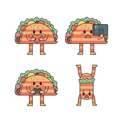 Cartoon taco characters doing yoga and using smartphone with happy and sad emotions
