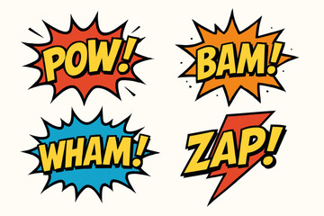 Comic book action sound effects in vibrant colors with exclamation marks.
