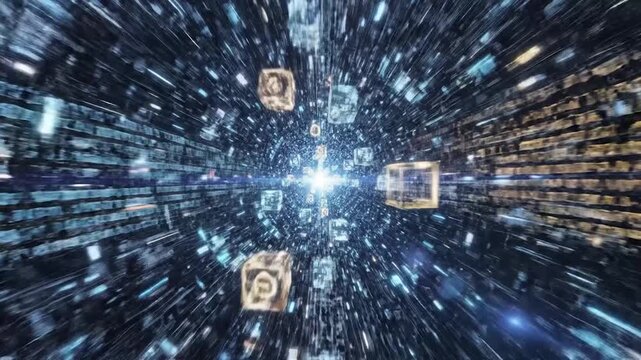 Experience a rapidly moving abstract digital tunnel with data streams